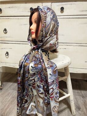 Paisley Satin Wrap Scarf in Cream, Blue & Burgundy